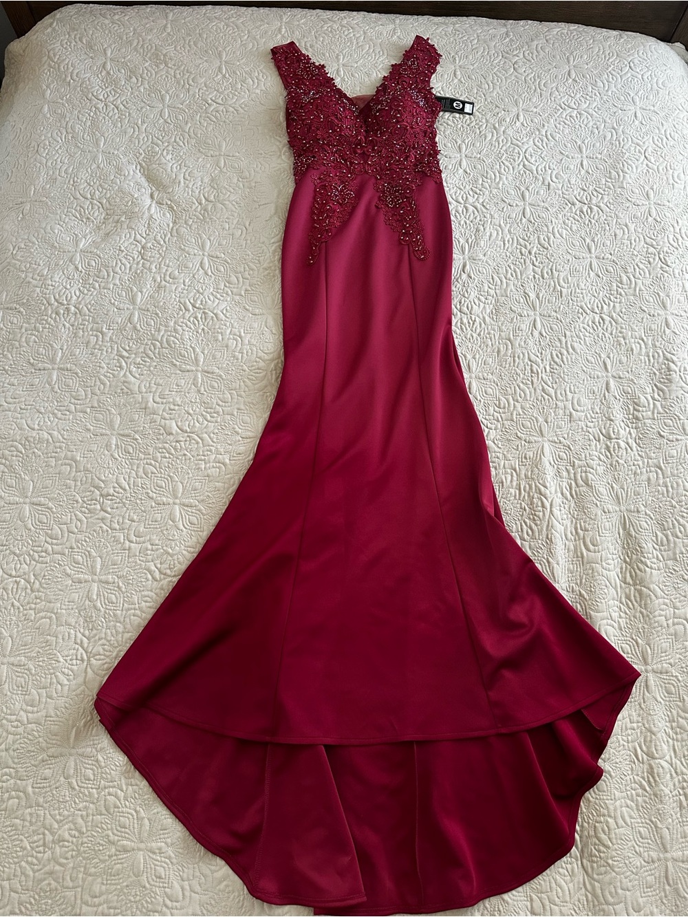 Beaded V-Neck High-Low Evening beaded Dress in Burgundy